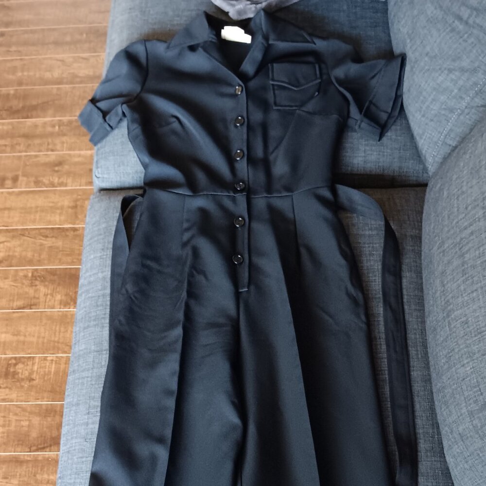 Vintage Perruzza Sportswear Navy Blue Wide Leg Button Up Belted Jumpsuit 70s